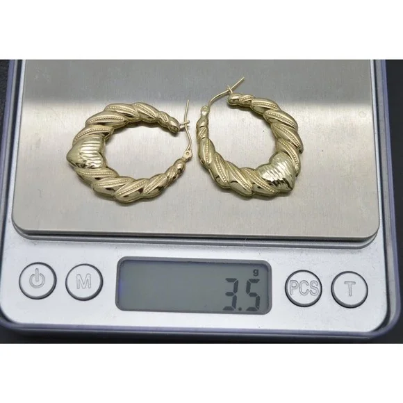 Real 10K Yellow Gold 35mm Bamboo Heart Graduated Diamond Cut Hoop Earrings 3.5gr